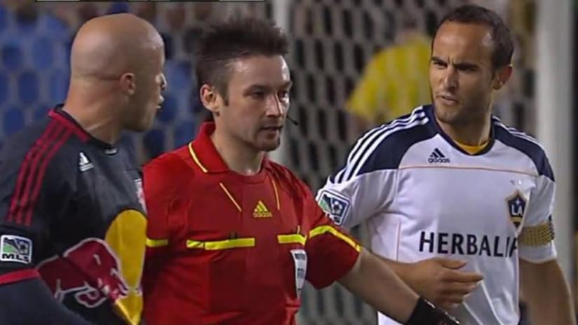New York's Luke Rodgers (left) and LA's Landon Donovan argue during their teams' 1-1 draw on Saturday night.