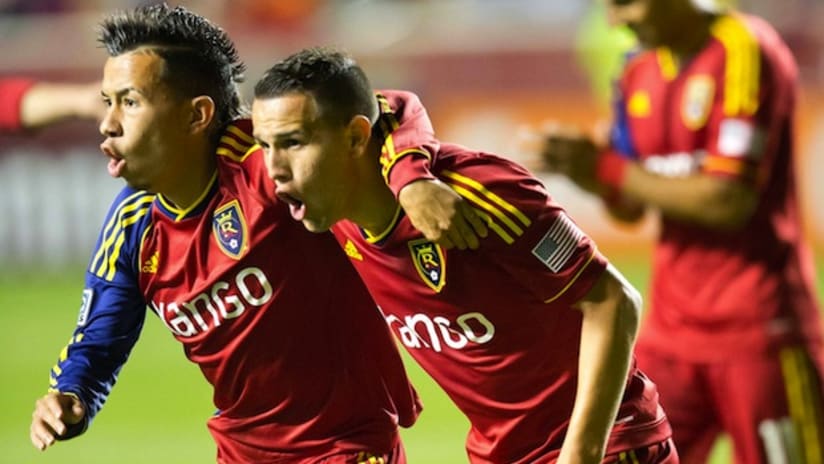 Carlos Salcedo and Luis Gil celebrate a goal vs. Columbus