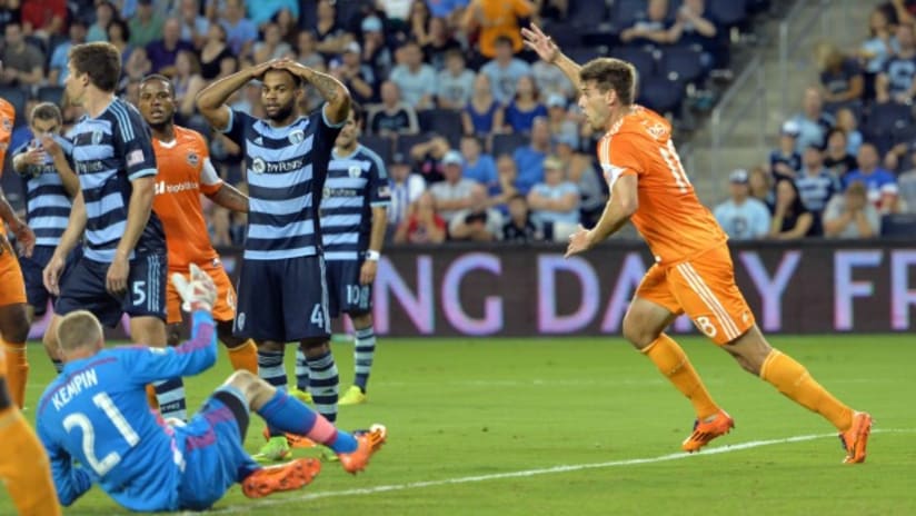 Houston Dynamo's David Horst celebrates a goal against Sporting KC