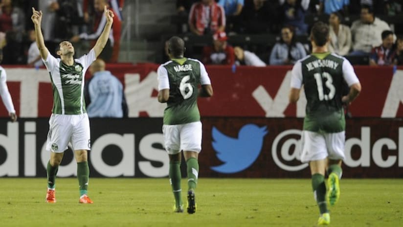 The Portland Timbers celebrate a goal vs. Chivas USA