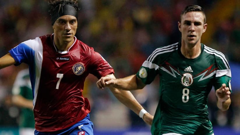 Costa Rica's Cristian Bolanos and Mexico's Miguel Layun in a World Cup qualifier