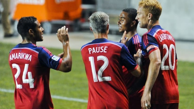 The Chicago Fire celebrate a goal in the Open Cup against the Pittsburgh Riverhounds