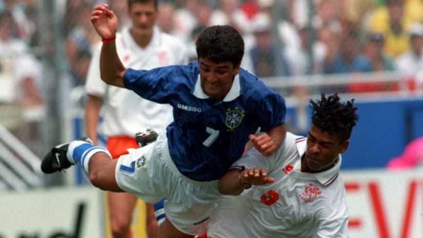 Bebeto (left) and Brazil played Frank Rijkaard's Holland to a classic finish in Dallas during the 1994 World Cup.