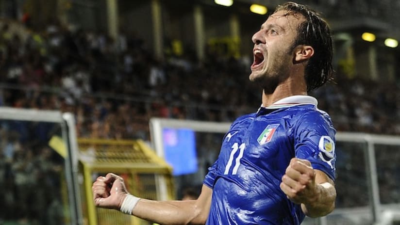 Alberto Gilardino celebrates a goal for Italy