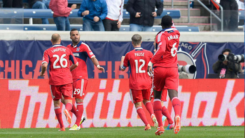 Maicon Santos and the Chicago Fire celebrate a goal against New York
