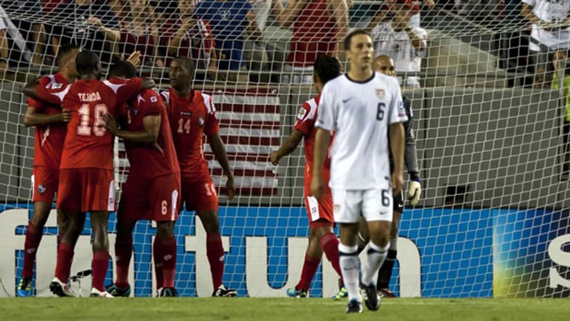 Gold Cup: Panamanian players celebrate a goal against the USA, June 11, 2011.
