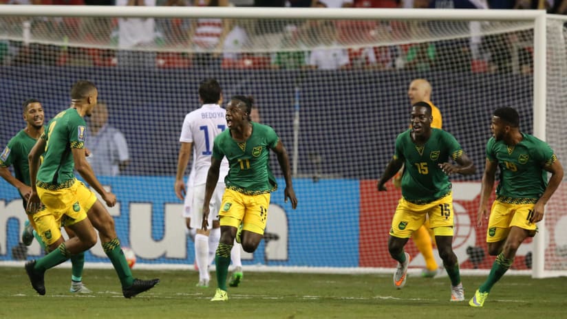 Darren Mattocks celebrates a goal for Jamaica against the US