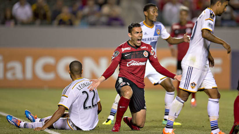 Herculez Gomez reacts to a call against the LA Galaxy in the CCL