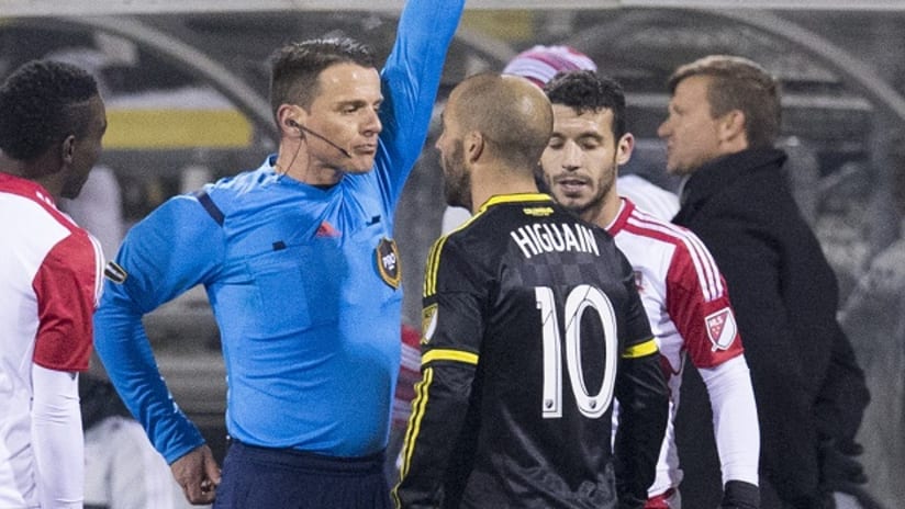 Columbus Crew SC's Federico Higuain gets in the face of the referee