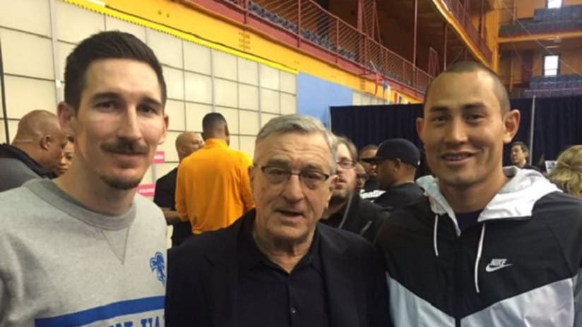 New York Red Bulls' Sacha Kljestan and Luis Robles with Robert De Niro - April 2016 - SMALL MEDIA ONLY