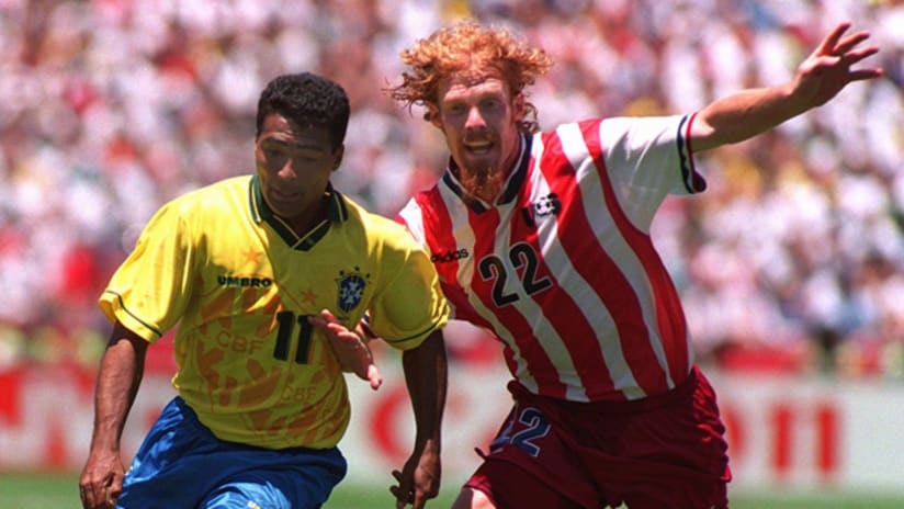 Alexi Lalas (right) battles Brazil's Romario during the teams' match on July 4, 1994.
