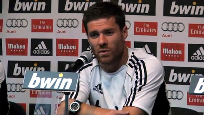 Real Madrid's Xabi Alonso talks during a press conference