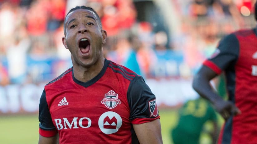 Justin Morrow - Toronto FC - lets out a shout of after scoring a goal