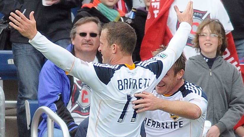 The Galaxy's Chad Barrett (left) celebrates his first goal of the season against Chicago on Sunday.