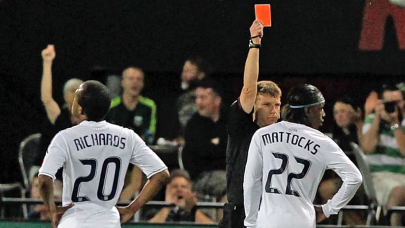 Darren Mattocks receives a red card against the Portland Timbers.
