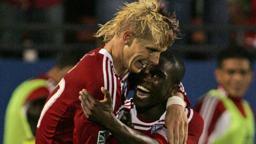 Brek Shea and Fabian Castillo of FC Dallas celebrate Shea's game-winning goal