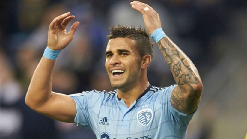 Sporting Kansas City forward Dom Dwyer gives an exasperated look