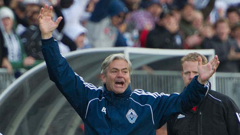 Vancouver head coach Teitur Thordarson yells to his team during the Whitecaps' 3-3 draw against Sporting Kansas City on Saturday.