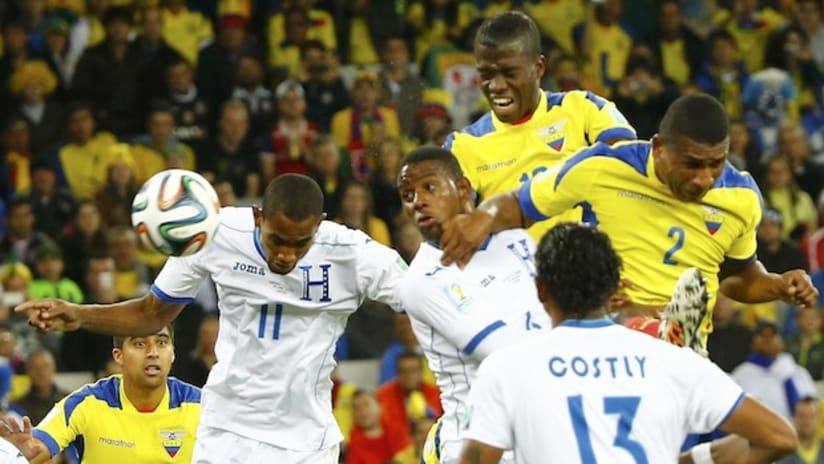 Ecuador's Enner Valencia scores a header against Honduras in the World Cup