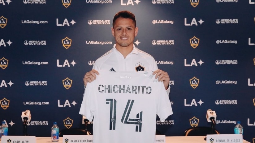 Javier Hernandez - Chicharito - LA Galaxy - holding jersey at a press conference