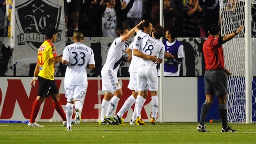 The LA Galaxy celebrate Omar Gonzalez's goal in the CCL against Herediano