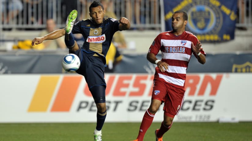 Carlos Valdes of the Union whiffs on a clearance