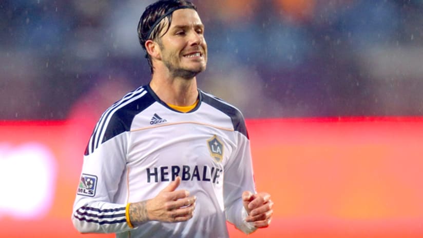 LA Galaxy midfielder David Beckham reacts after missing a free kick against New England on Sunday.