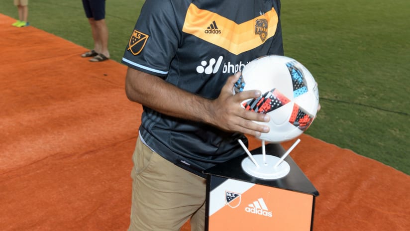 Super fan Francisco Rios presenting Houston Dynamo match ball