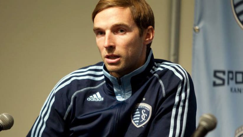 Bobby Convey speaks to the press during his official introduction with Sporting KC