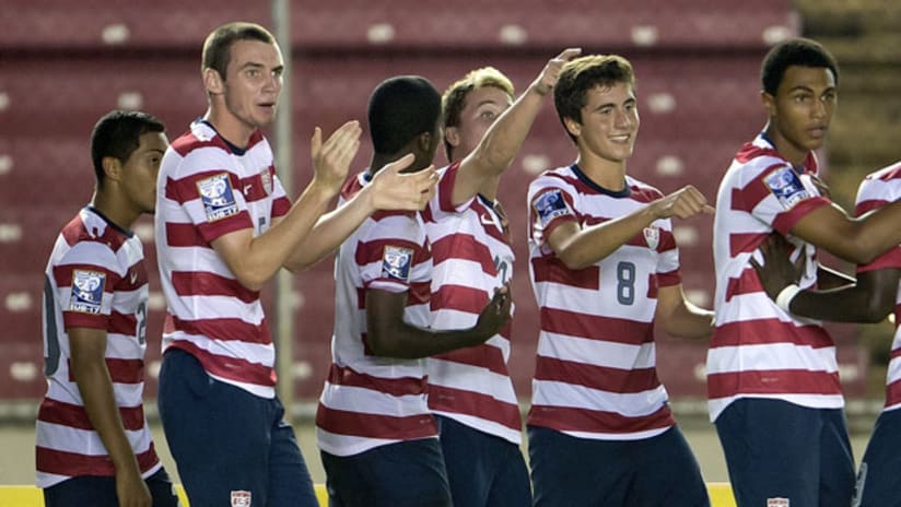 The US U-17s celebrate Corey Baird's goal vs. Guatemala