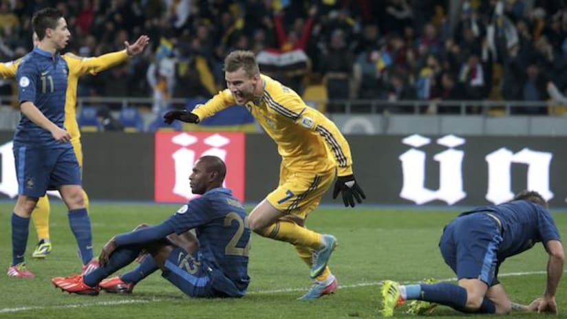 Ukraine's Andriy Yarmolenko celebrates a goal vs. France