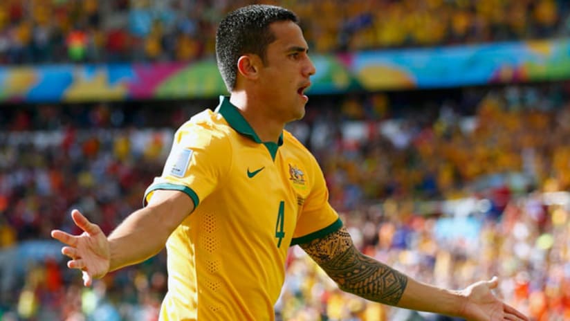 Tim Cahill celebrates his goal against the Netherlands