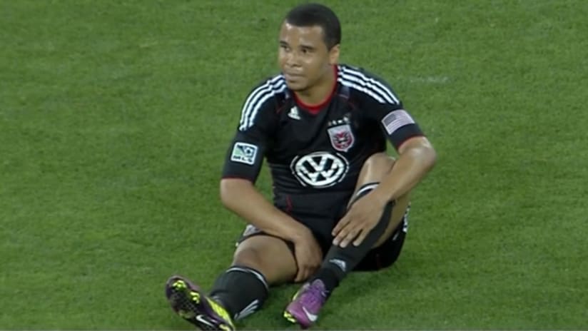 D.C. United striker Charlie Davies winces before he was taken out of the game against the Colorado Rapids on Saturday night.