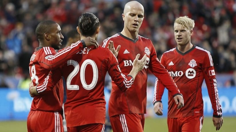 Toronto FC celebrate a goal in the ACC against Vancouver