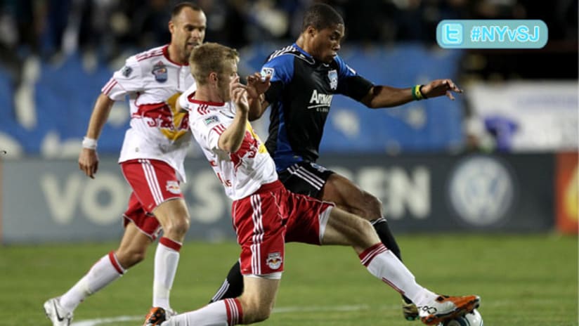 Joel Lindpere (left) and Tim Ream (center) helped the Red Bulls to a 1-0 win in San Jose.