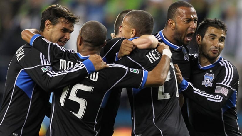 The Quakes celebrate their win over Seattle