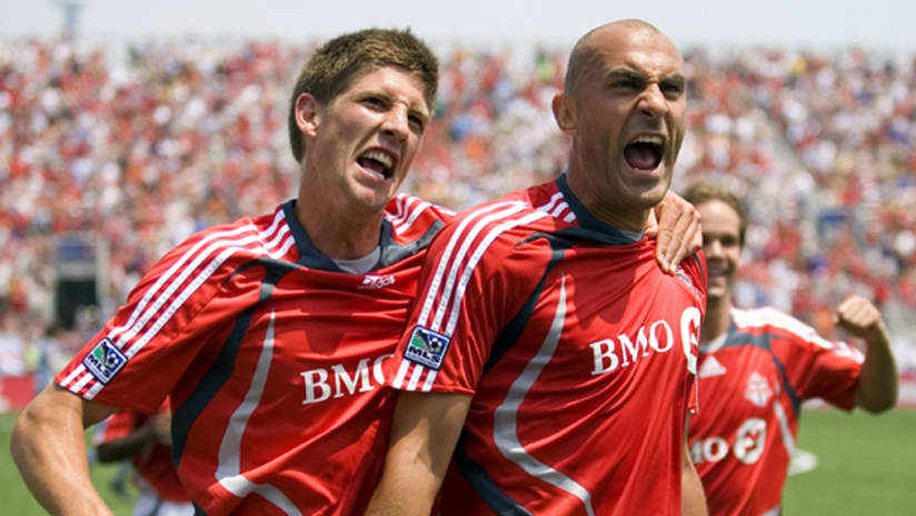 Andrew Boyens (left) and  Danny Dichio celebrate during Toronto FC's 4-0 win over FC Dallas at BMO Field on June 17, 2007.