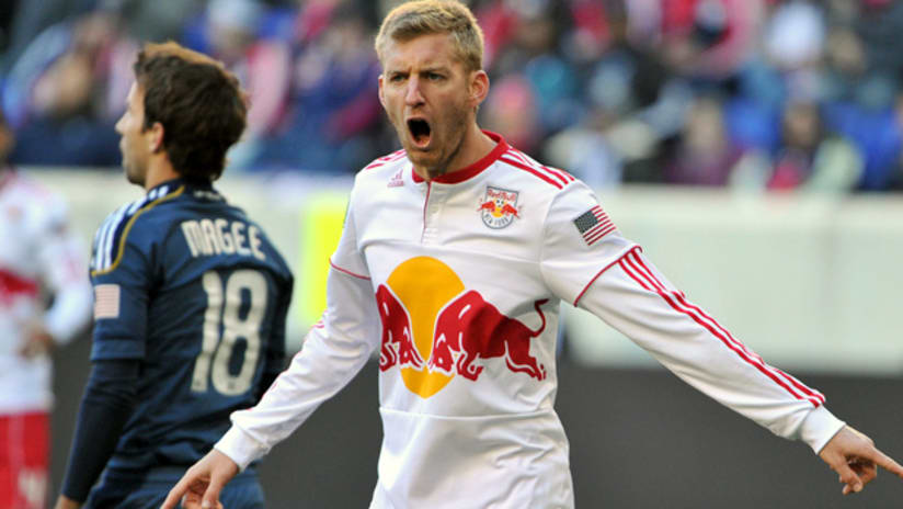 Red Bulls defender Tim Ream reacts to a call by the referee in a match vs. the Galaxy
