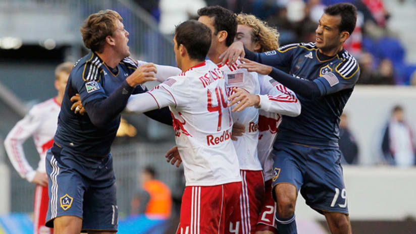 New York vs. LA Galaxy ended in a scuffle. From left to right: Adam Cristman, Carlos Mendes, Rafa Marquez, Stephen Keel, Juninho
