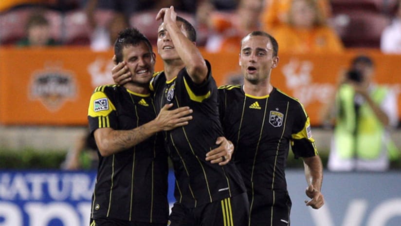 Bernardo Anor (center) celebrates during the Crew's 2-0 win over Houston on Saturday.