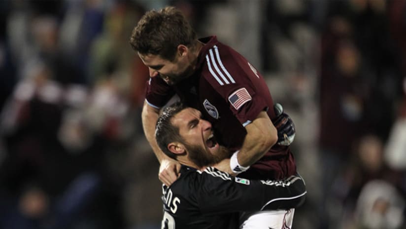 Drew Moor (right) celebrates with Cololorado's Matt Pickens after the Rapids won the Eastern Conference Championship last Saturday.