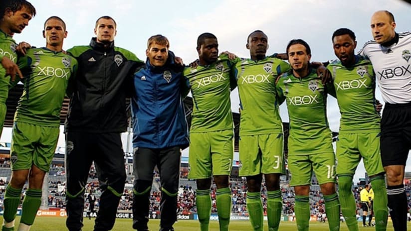 The Seattle Sounders huddle up prior to their 1-0 victory over the Colorado Rapids.