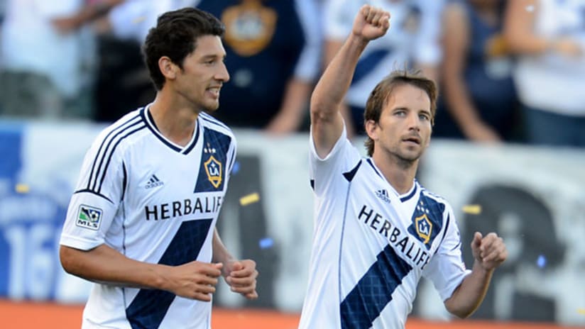 Mike Magee celebrates his goal with Omar Gonzalez