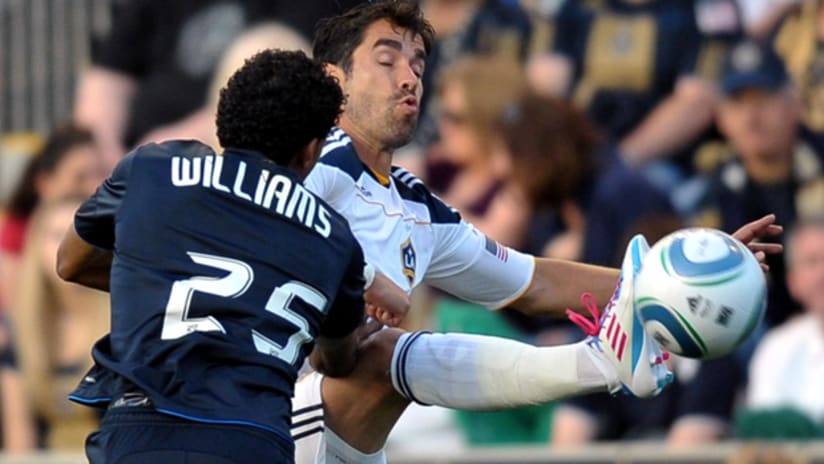 LA Galaxy's Juan Pablo Angel gets a foot on the ball as Philadelphia's Sheanon Williams comes to mark him.
