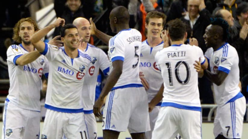Montreal celebrate goal in CCL vs. Alajualense