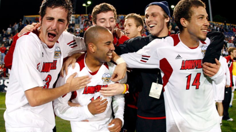 Louisville players celebrate after beating North Carolina in the College Cup semifinals.