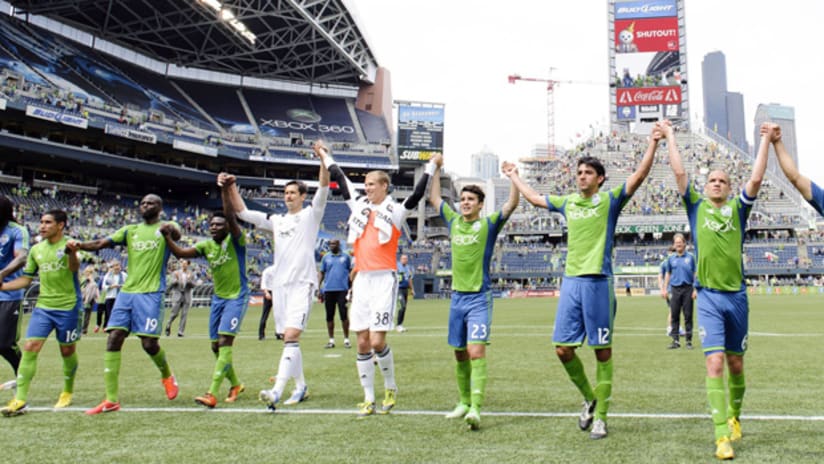 Seattle Sounders celebrate after beating San Jose