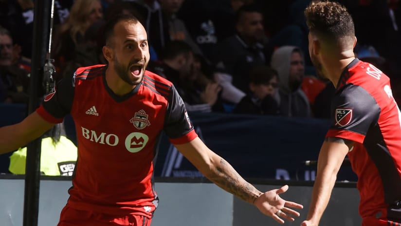 Victor Vazquez - Toronto FC - celebrates his goal vs. Vancouver with Jonathan Osorio
