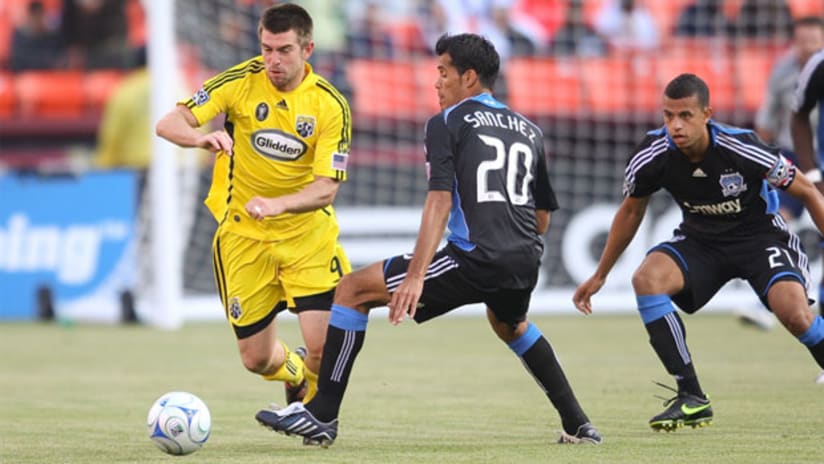 The Crew's Jason Garey (left) is proving to be a vaulable asset off the bench for Columbus.