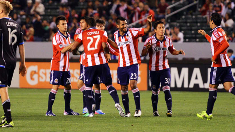 Chivas USA celebrate Mario De Luna's goal against the San Jose Earthquakes.
